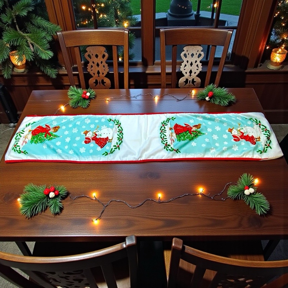 VTG 80s Christmas Table Runner Snowman Girl Sunny Bunch Holiday Decor RETRO